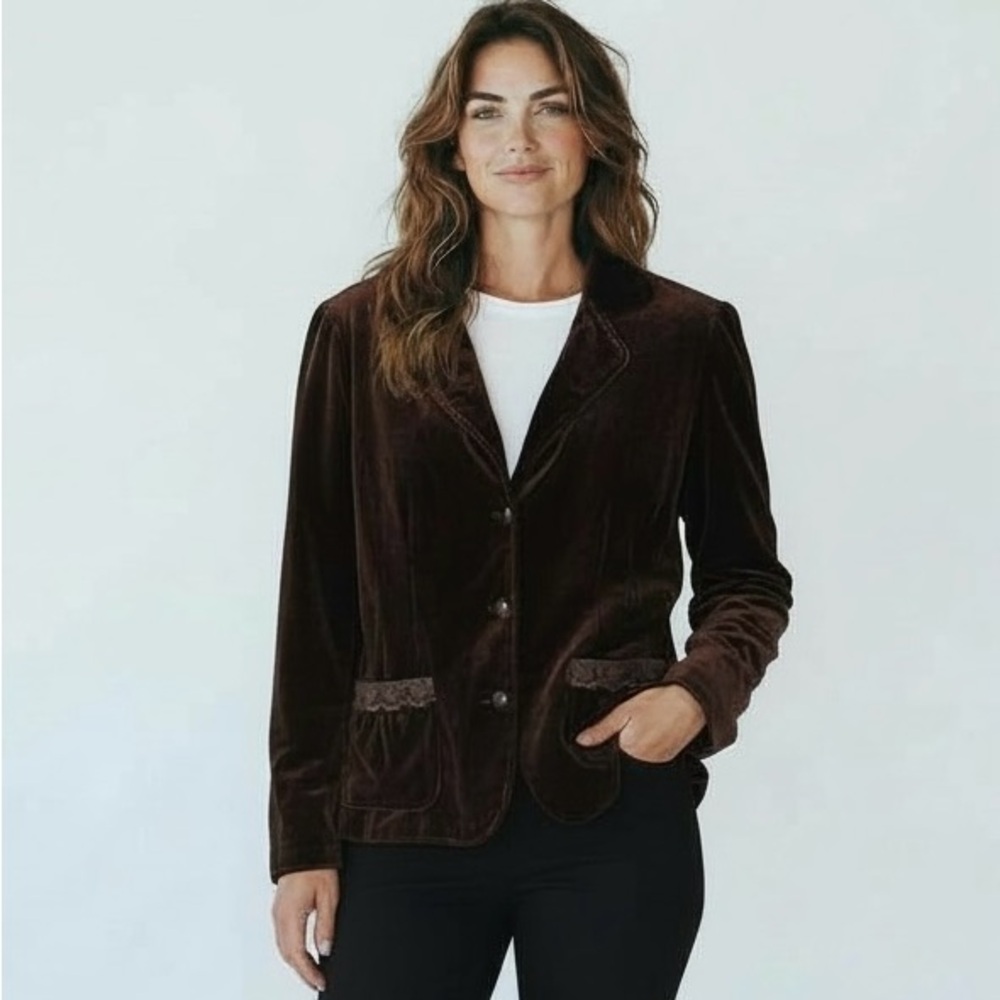 Velvet Blazer Rich Chocolate Brown Three Button Lace Pocket Victorian‎ Steampunk
